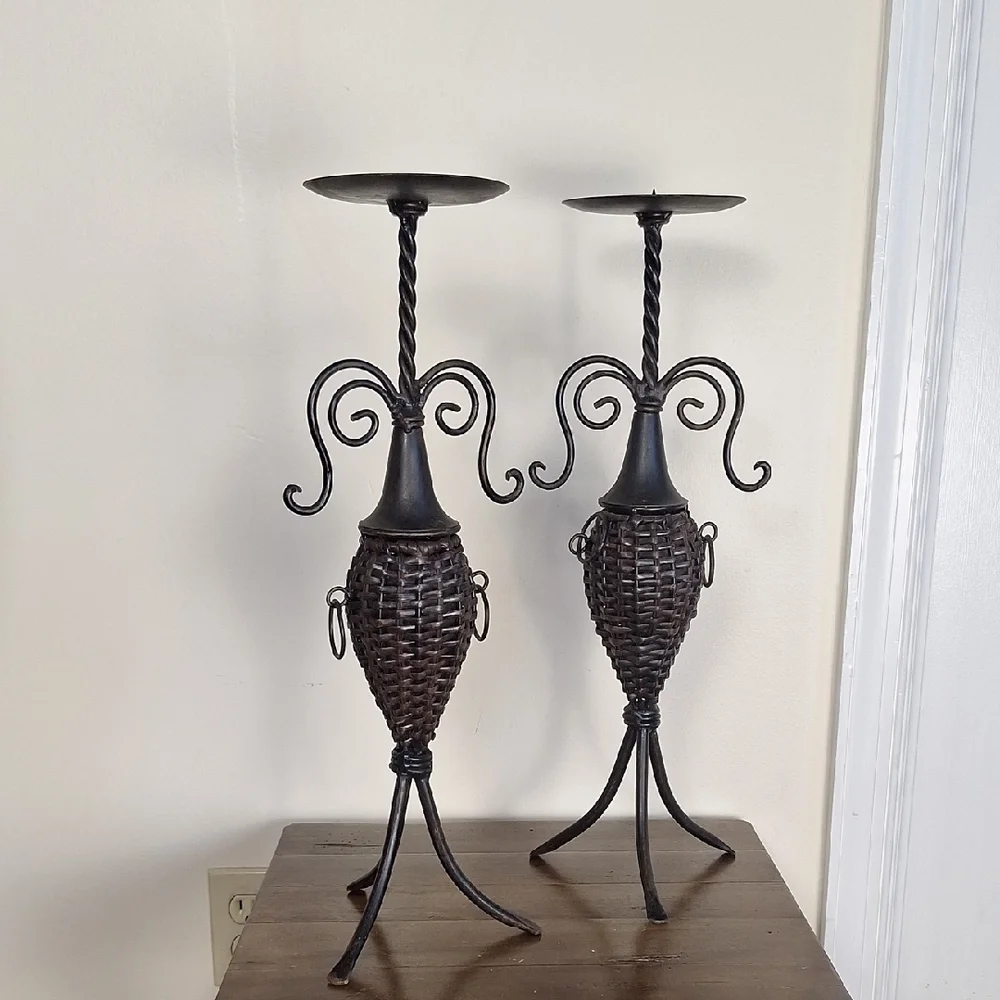 Wrought Iron And Brown Wicker Candle Holders Set Of 2